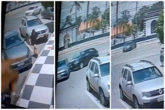 Vídeo: Mulher esquece carro desengatado; veículo atravessa avenida e bate em muro da PM