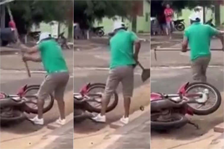 Homem destrói moto com enxada após supostamente fugir de acidente em MT
