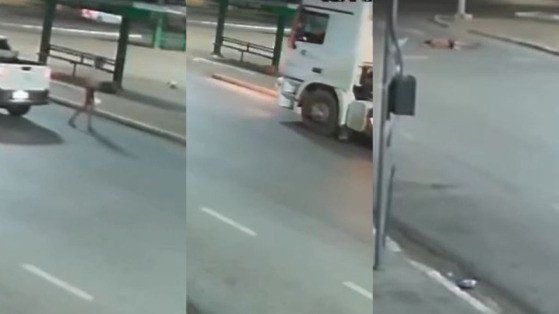 Vídeo mostra momento que moradora de rua é atropelada por carreta em Cuiabá (imagens fortes)