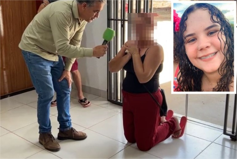 Ajoelhada e aos prantos, mãe de feminicida pede perdão à família de jovem morta a facadas