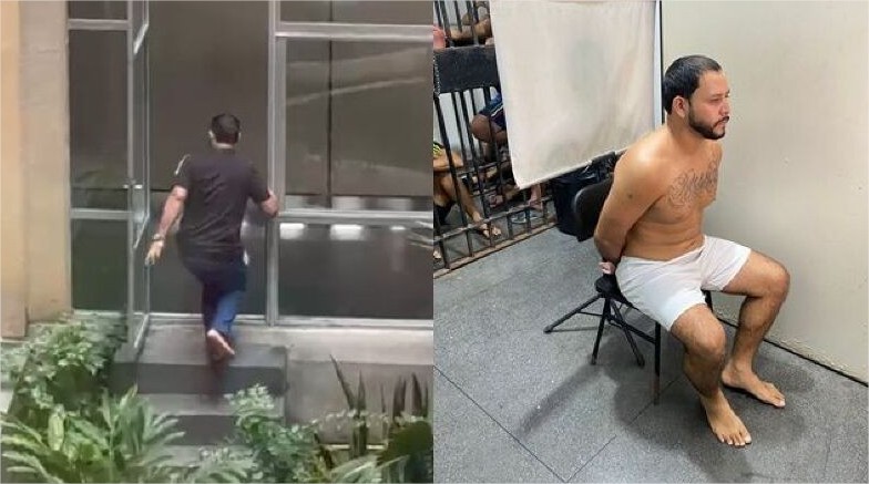 Fuga alucinada no fórum: homem pula janela e quase despenca; Vídeo