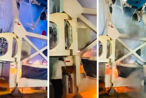 Roda gigante pega fogo em parque na Expoagro de Cuiabá; Veja vídeo
