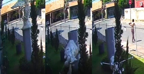 Câmeras flagram mulher derrubando imagem de São Miguel Arcanjo em jardim de igreja