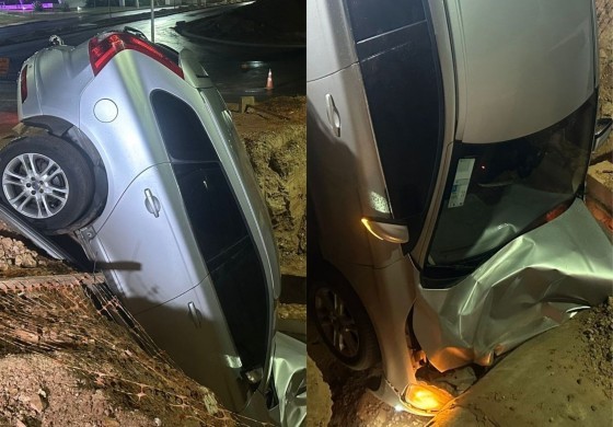 Motorista perde controle e carro despenca em vala de obras no Centro Político em Cuiabá