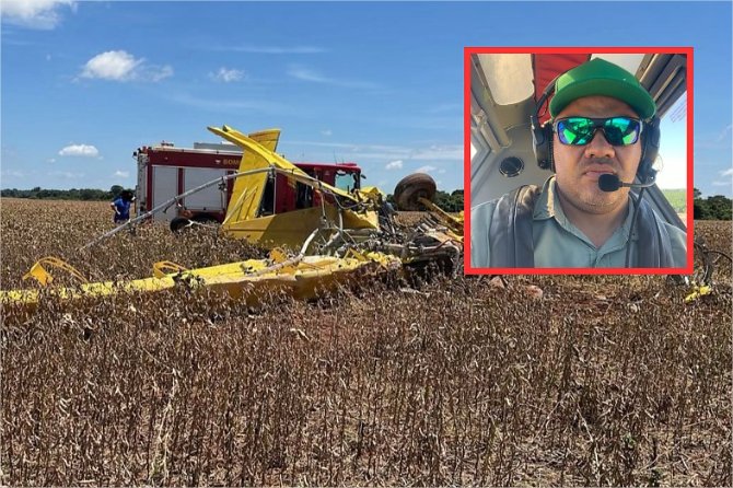 Avião agrícola cai durante pulverização e piloto morre preso às ferragens em Lucas do Rio Verde