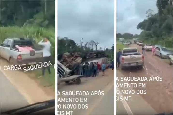 Carga de caminhão que transportava carne é saqueada após acidente em rodovia de MT