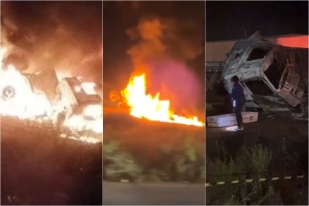 Motorista morre carbonizado em acidente entre 3 carretas; vídeo