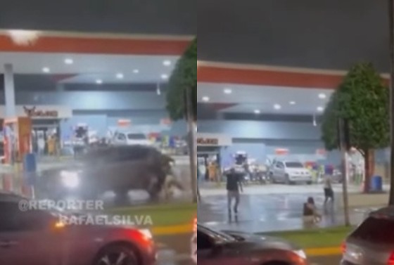 Vídeo mostra carro atropelando três pessoas em frente a posto em MT; motorista fugiu