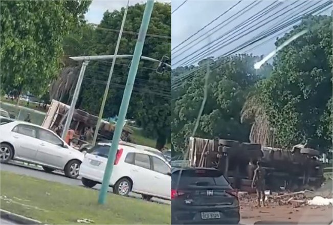 Caminhão derruba muro do 9º BEC e tomba em Cuiabá; veja vídeo