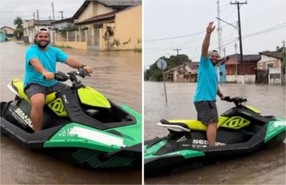 Morador ironiza alagamento e usa jet ski em cidade de MT; veja vídeo