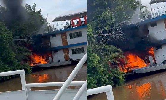 Incêndio atinge embarcação em Porto Cercado; veja vídeo